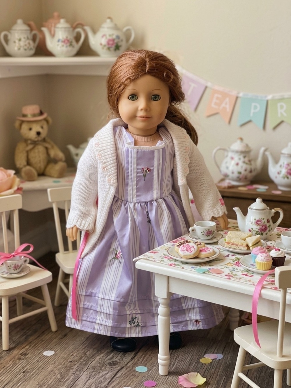 American Girl Lavender Striped Floral Dress with Ivory Cardigan